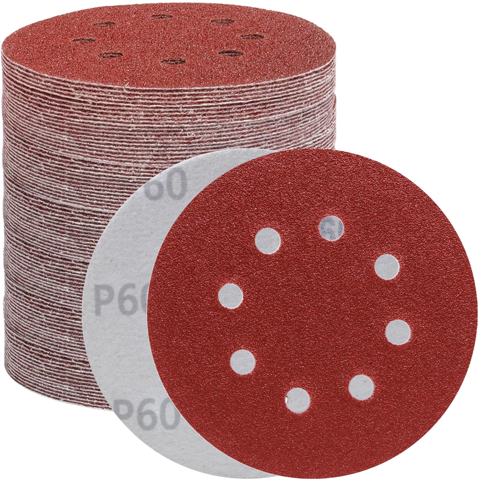 【送料無料】BODHTAT ディスクペーパー 125mm 8穴 丸型 サンダーペーパー マジック式 サンドペーパー, 電動サンダー用 サンディングパット 木工DIY作業に 金属磨き用 車の研磨 ランダムアクションサンダー用 サンディング 色：レッド、サイズ：5インチ(125MM)