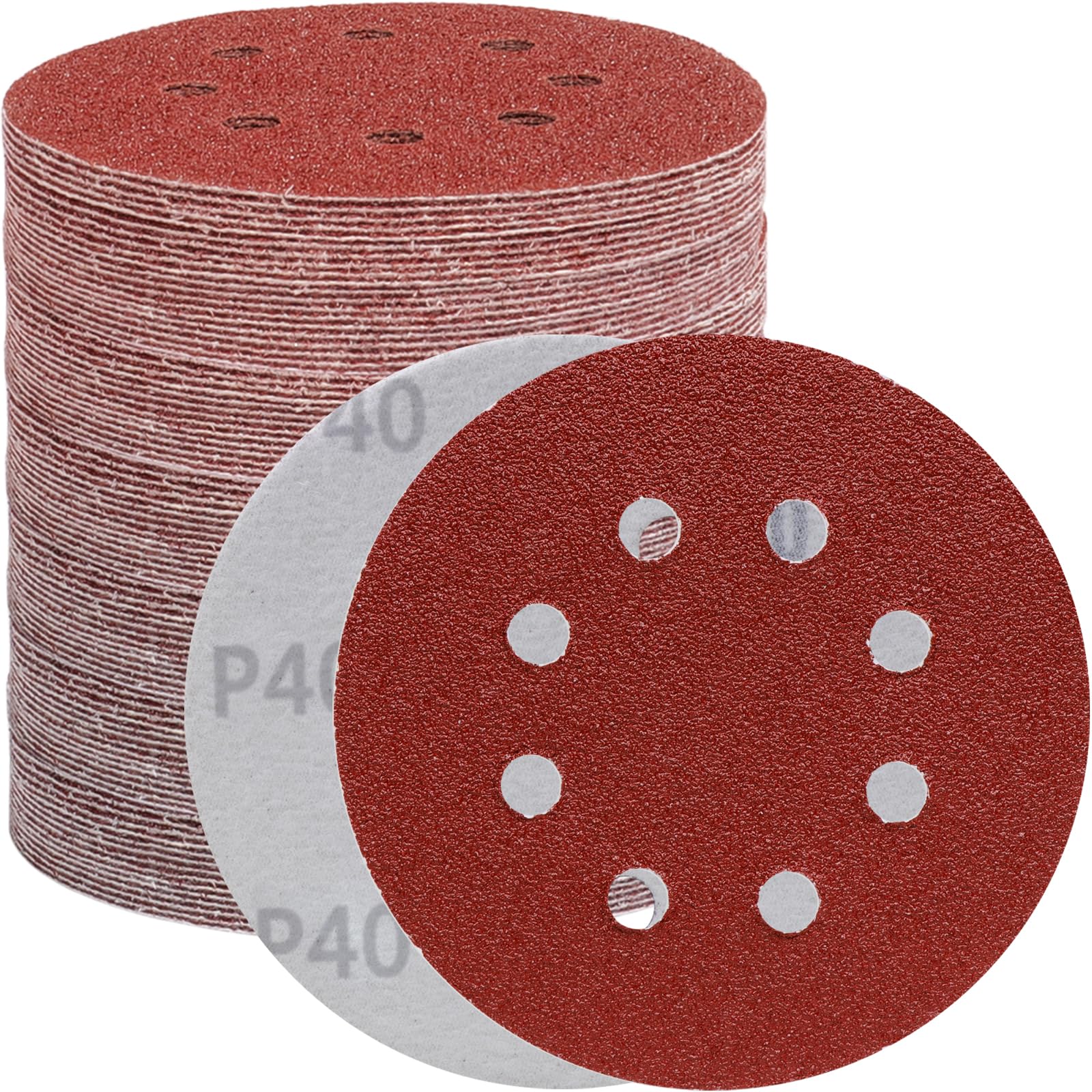 【送料無料】BODHTAT ディスクペーパー 125mm 8穴 丸型 サンダーペーパー マジック式 サンドペーパー, 電動サンダー用 サンディングパット 木工DIY作業に 金属磨き用 車の研磨 ランダムアクションサンダー用 サンディング 色：レッド、サイズ：5インチ(125MM)