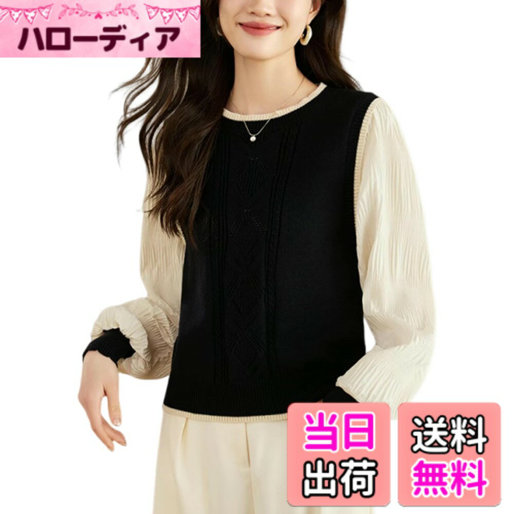 樂天商城 - 【送料無料】[Merelop Ceto] セーター レディース ニット カットソー 切り替え 長袖 レディース トップス 春 秋 薄手 プルオーバー きれいめ 無地 着せて見え 重ね着風 人気 カジュアル 大人 通勤 普段着 秋冬 色：ブラック、サイズ：Free Size