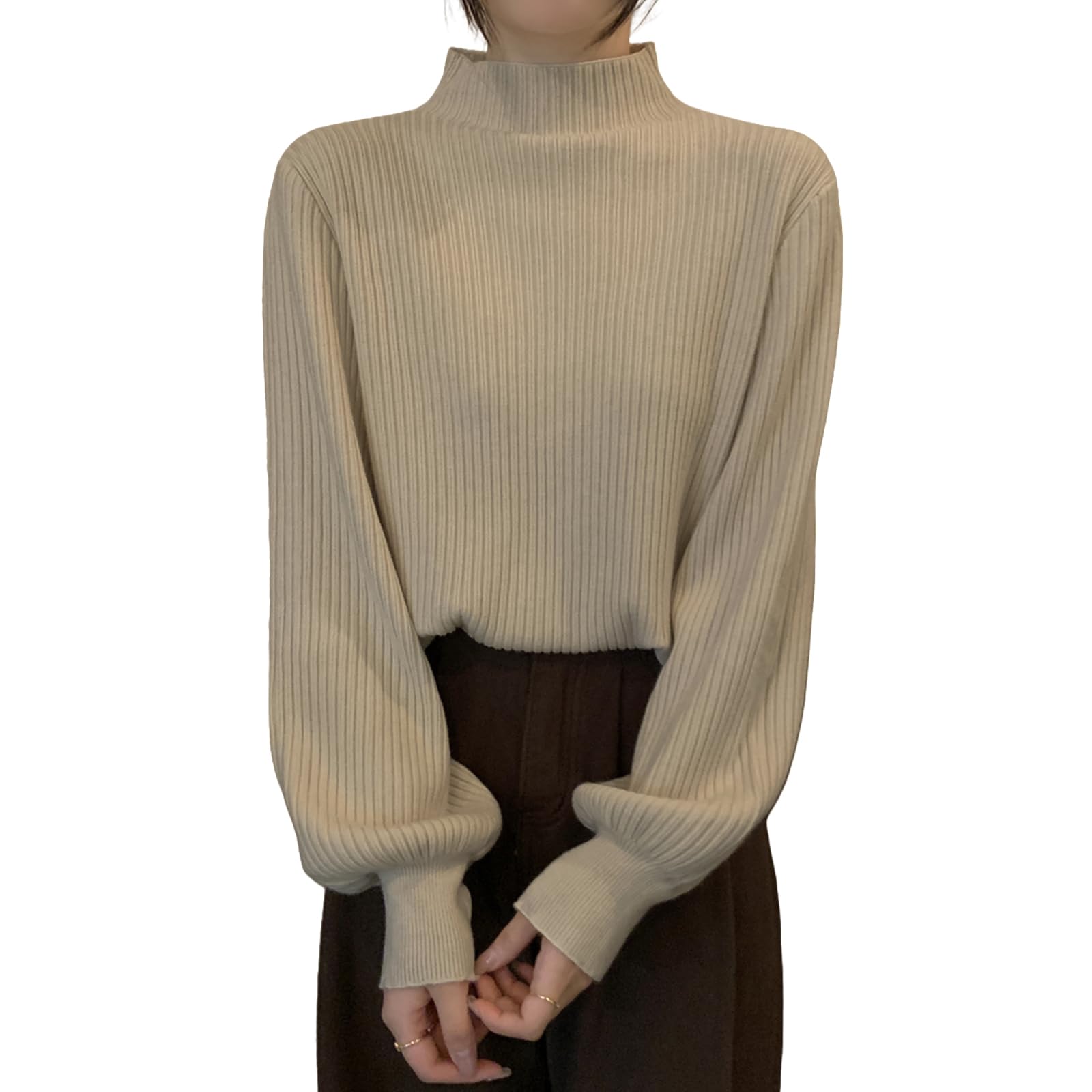 【送料無料】[Merelop Ceto] セーター レディース 秋冬 長袖 ニット トップス ハイネック バルーンスリーブ カットソー おしゃれ エレガント 可愛い 柔らか 暖かい 重ねる着 通勤 カジュアル お出かけ 春秋冬 色：オートミールベージュ、サイズ：Free Size