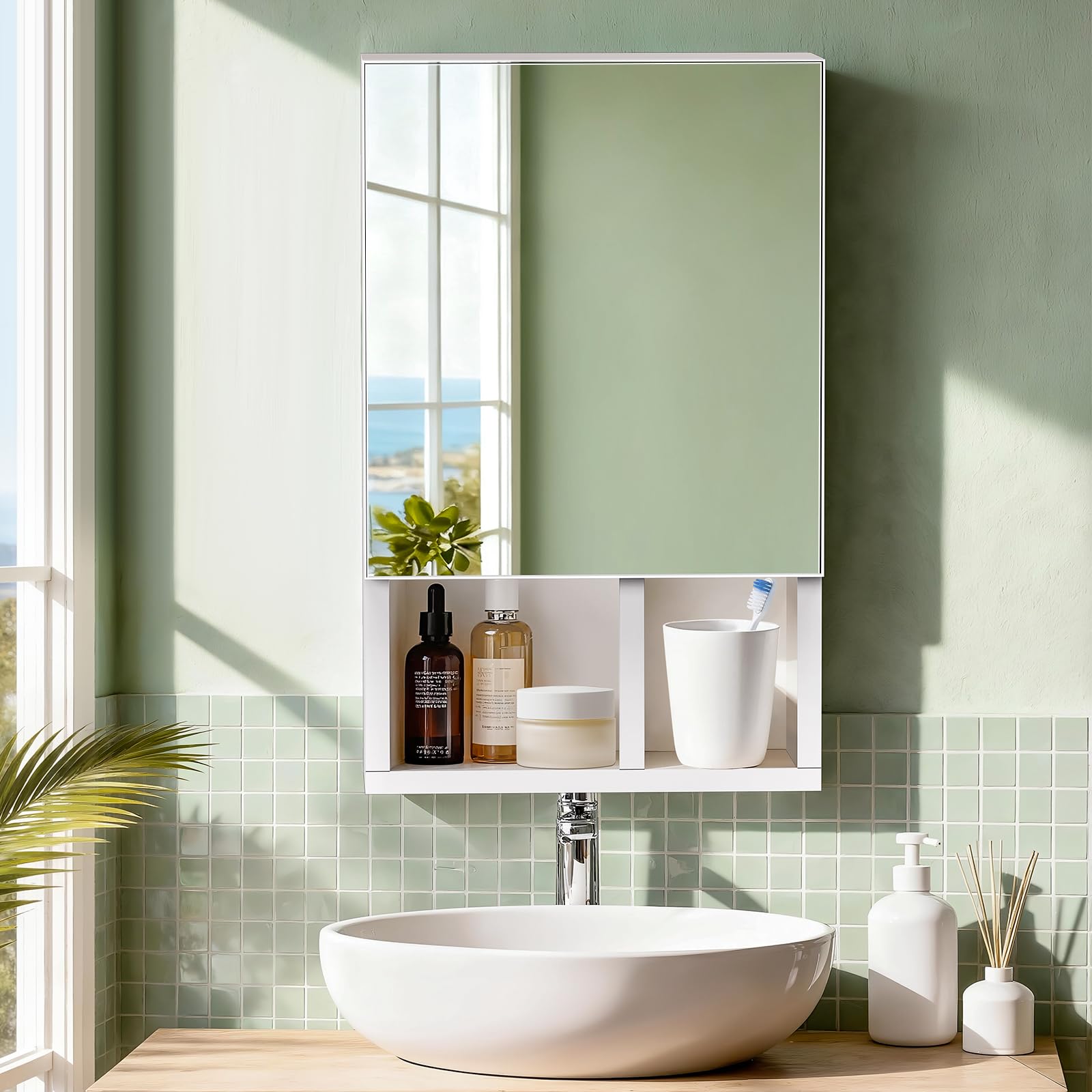 【送料無料】【曇らない浴室鏡付き】Rebebeミラーキャビネット軽量 1.9kg 洗面所収納 洗面台収納 簡単設置 取り外し可能 耐水性良い 防カビ お手入れ便利 割れないPC製鏡 地震対策 色：ホワイト、サイズ：長さ50 x 幅29 cm