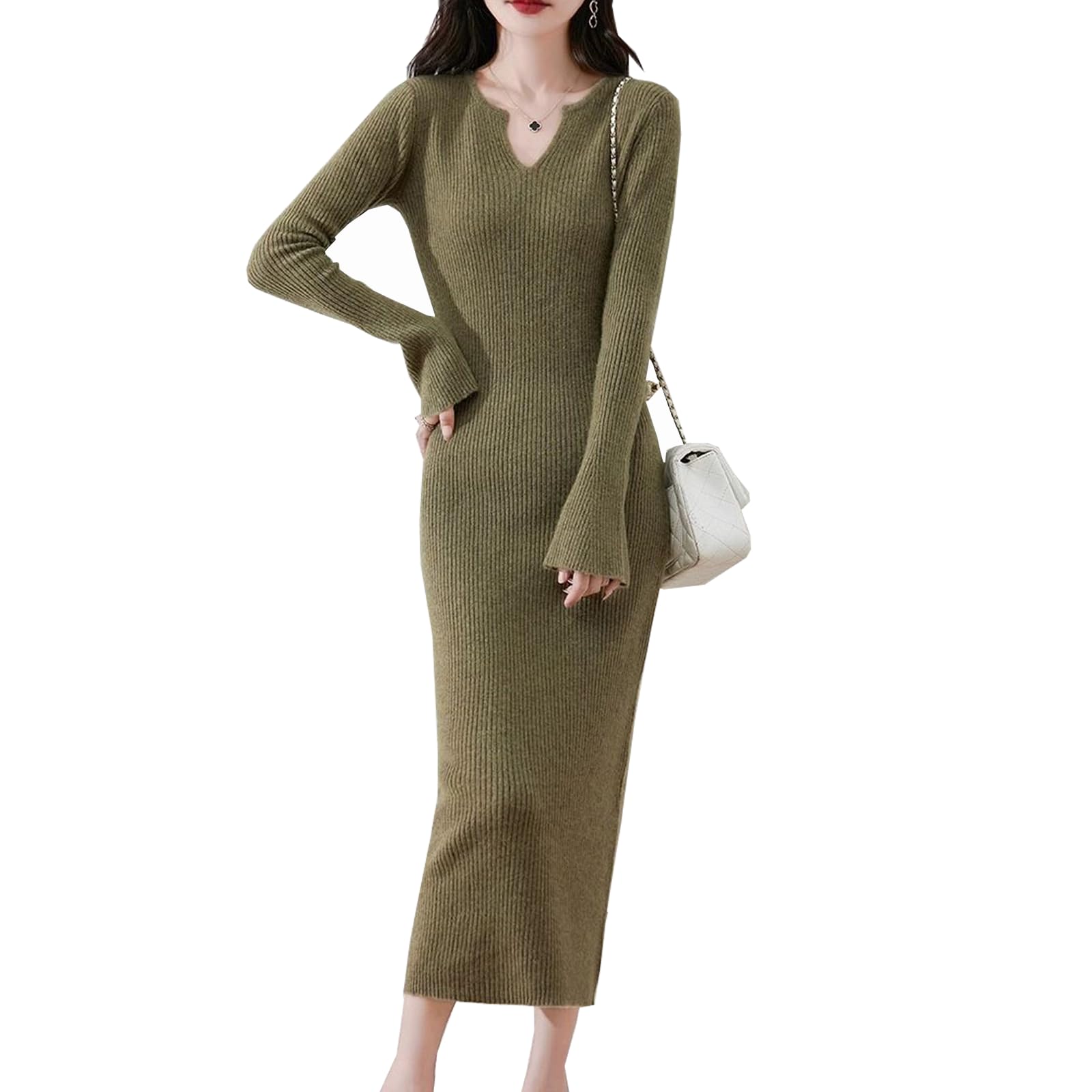 【送料無料】[CoeFodMavo] ワンピース レディース ニット ロングワンピース 長袖 5ネック リブニット セーターワンピース Aライン 体型カバー カジュアル 上品 無地 可愛い 着せ デート 通勤 春 秋 冬 色：みどり、サイズ：Free Size