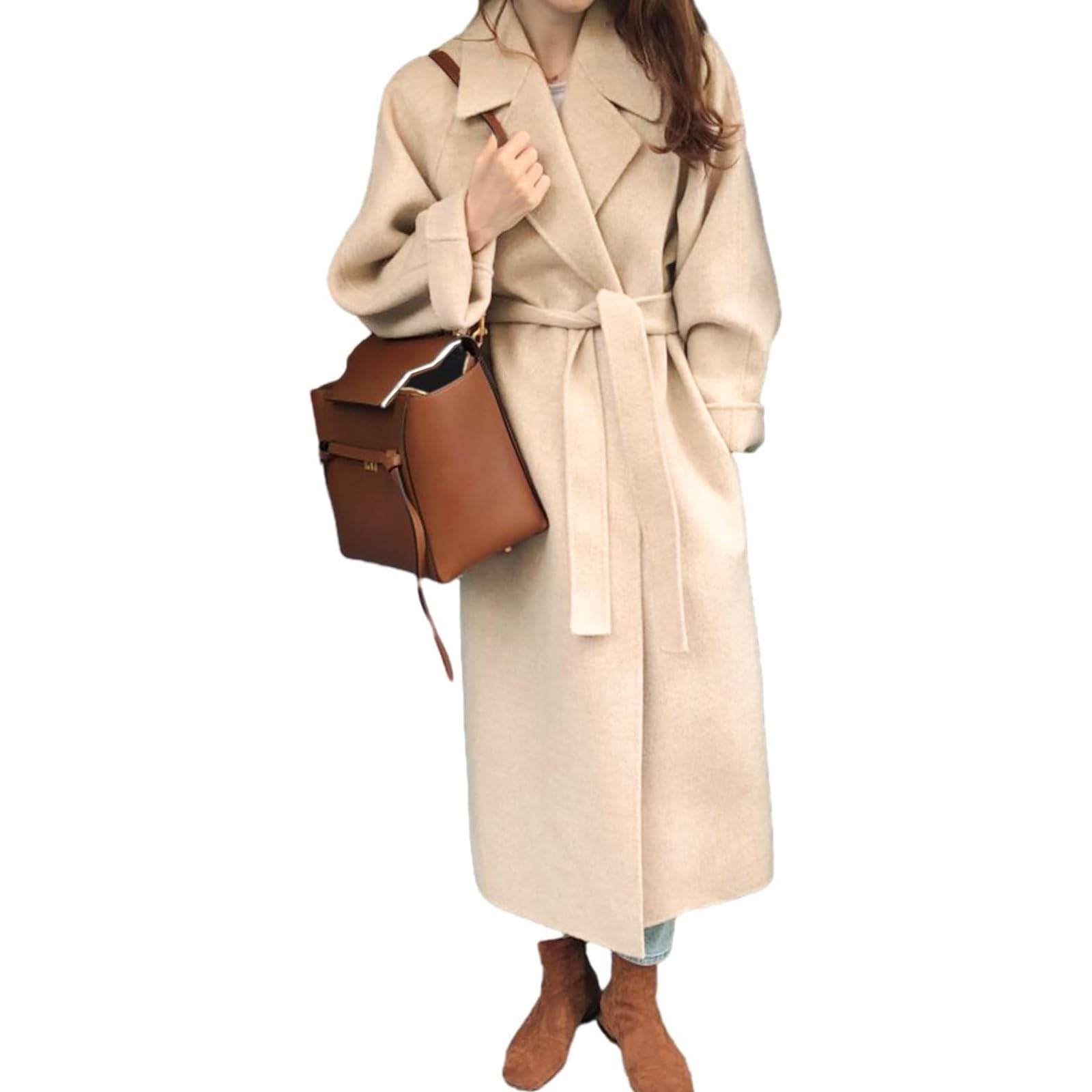 【送料無料】[Merelop Ceto] コート レディース チェスターコート ロング 冬 無地 厚手 アウター きれいめ 体型カバー 大きいサイズ ゆったり 羽織 ゴムウエスト ポケット付き 裏地あり 防寒 おしゃれ ビジネス OL 通勤 色：ベージュ、サイズ：Free Size