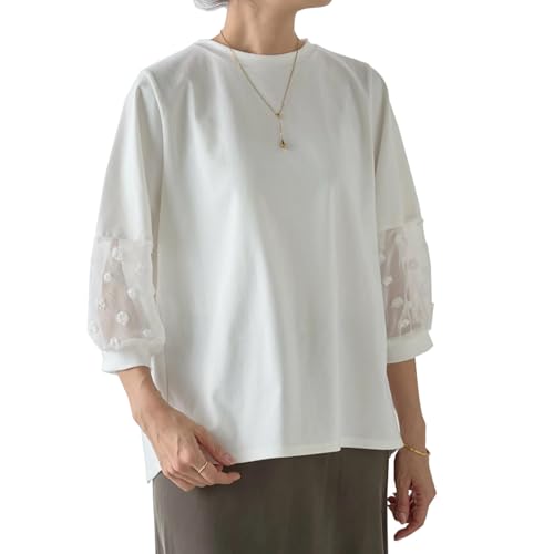 【送料無料】[CoeFodMavo] tシャツ レディース 半袖 シフォン ブラウス シャツ トップス 五分袖 丸首 無地 切り替え 透け感 オーバーサイズ 体型カバー ゆったり 着痩せ 柔らかい カジュアル きれいめ お洒落 日常 通勤 夏服 色：ホワイト、サイズ：M