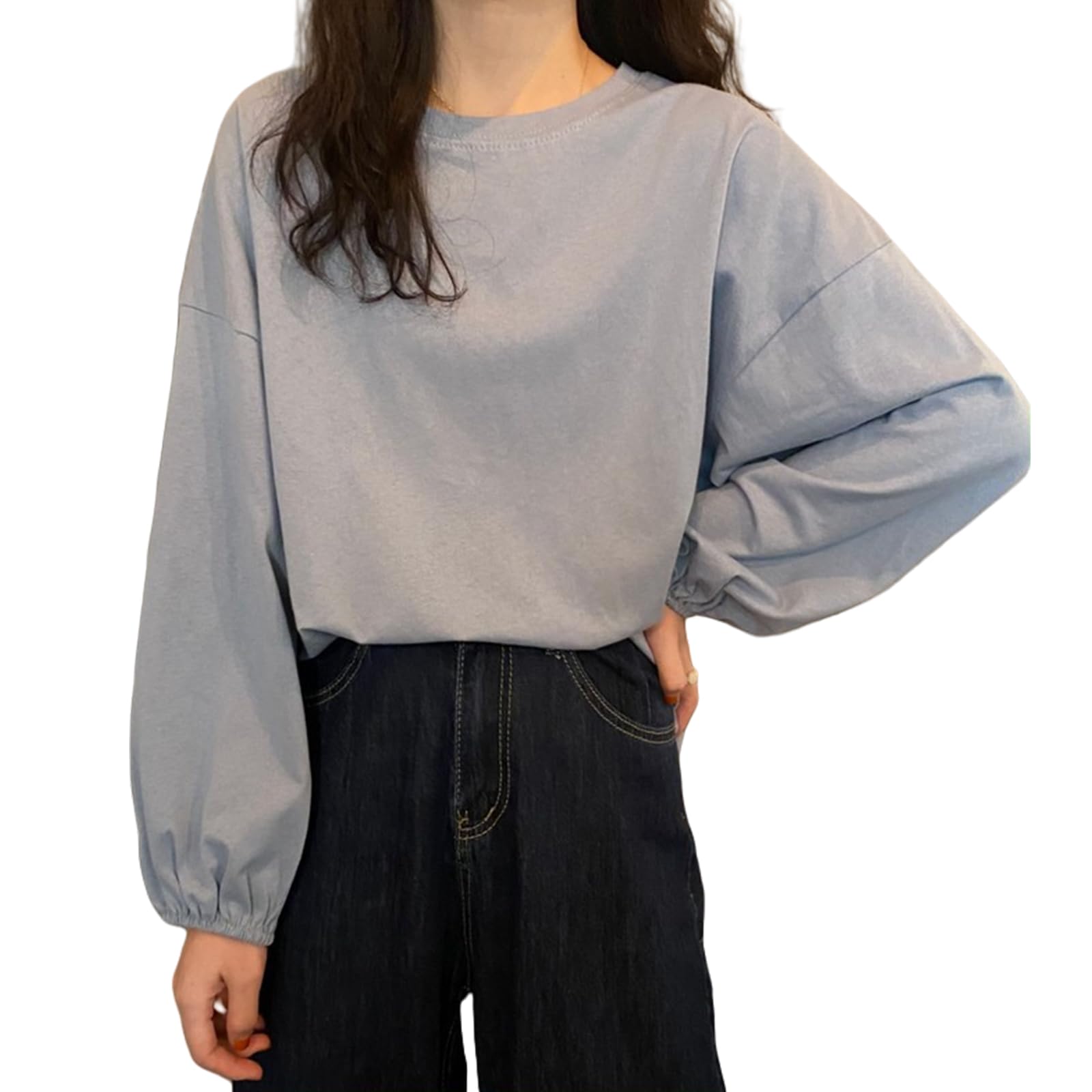 【送料無料】[Merelop Ceto] 長袖tシャツ レディース トップス Tシャツ カットソー ティーシャツ 薄手 無地 ランタンスリーブ インナー チュニック プルオーバー 体型カバー ゆったり 着回し 着痩せ 重ね着 カジュアル 通勤 春服 秋 色：ブルー、サイズ：L