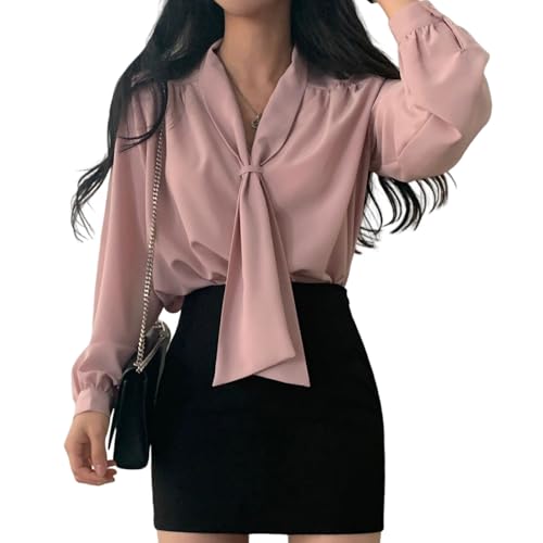 【送料無料】[Merelop Ceto] ブラウス レディース シャツ 長袖 レディース リボン オフィス ブラウス トップス Vネック やわらかい おしゃれ 大きいサイズ ゆったり 無地 エレガント きれいめ 上品 着痩せ 通勤 春 秋 色：ピンク、サイズ：XL