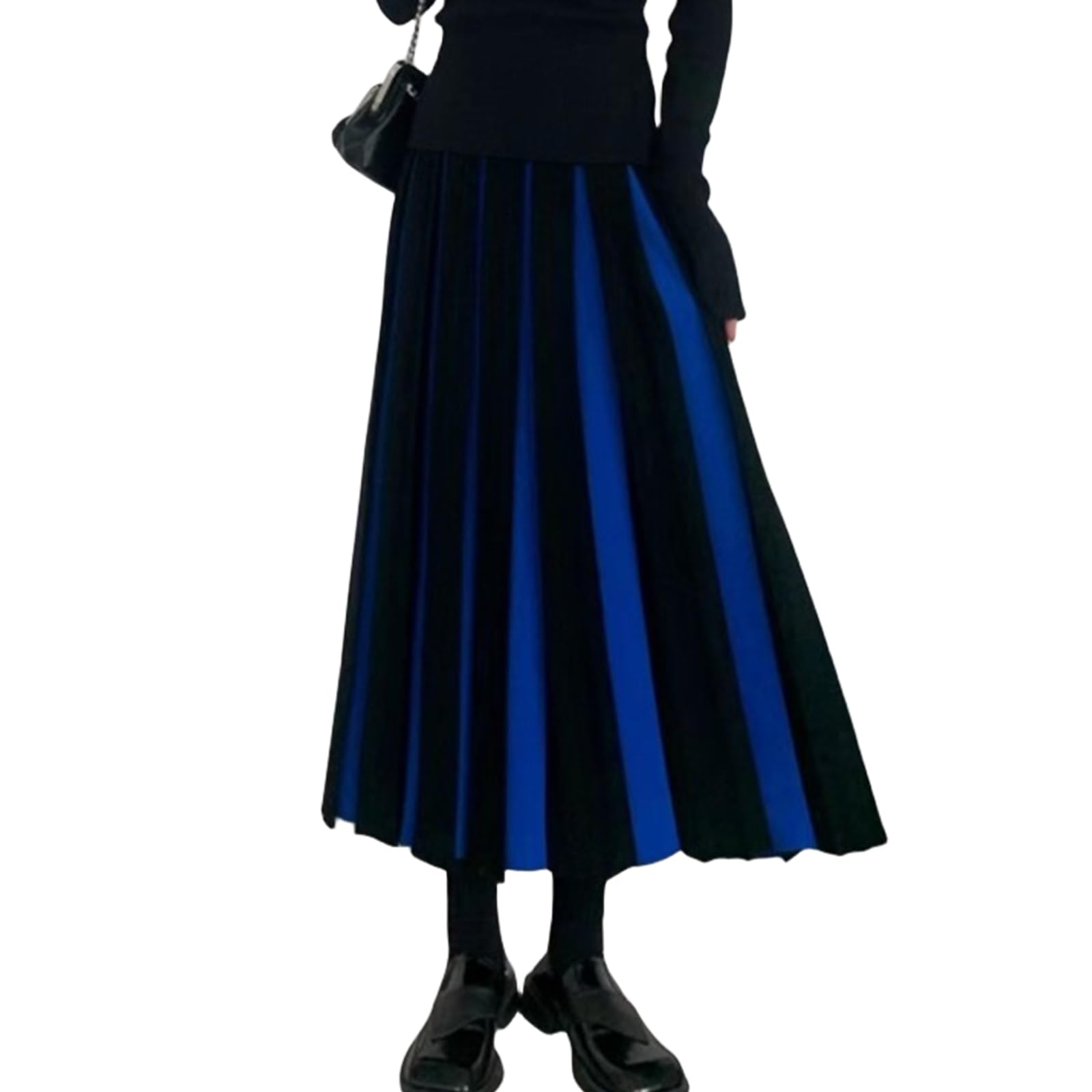 【送料無料】[Merelop Ceto] スカート レディース ロングスカート バイカラー 配色 マキシ丈 ハイウエスト Aライン 美脚 ゆったり 体型カバー エレガント おしゃれ カジュアル 通勤 入学式 秋冬 色：ブルー、サイズ：Free Size