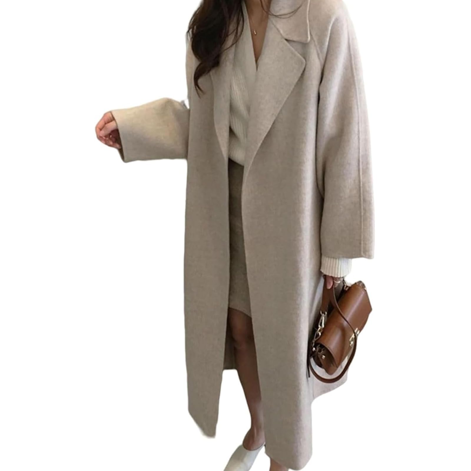 【送料無料】[Merelop Ceto] コート レディース チェスターコート ロング 冬 無地 厚手 アウター きれいめ 体型カバー 大きいサイズ ゆったり 羽織 ゴムウエスト ポケット付き 裏地あり 防寒 おしゃれ ビジネス OL 通勤 色：アイボリー、サイズ：Free Size