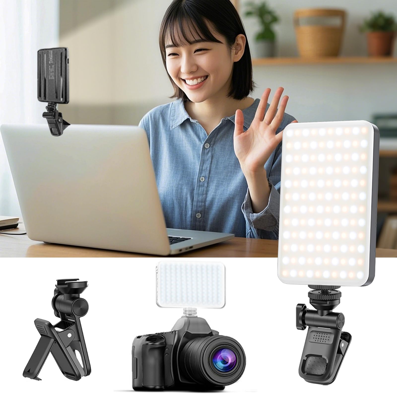 【送料無料】撮影用ライト クリップ+掛け式 スマホ ライト 撮影 色温度2500K-9000K 無段階調光調色 120LED リングライト スマホ 360度回転可能 スマホ撮影ライト 小型 スマホ 照明 充電式 ビデオライト 1/4''ネジ穴付き 撮影用 照明 配信 ウェブ会議 照明/ 色：ブラック