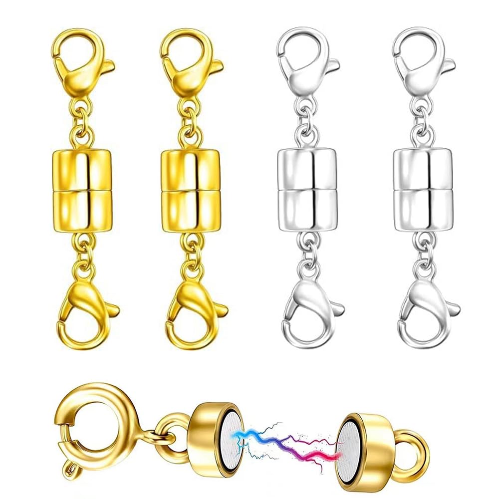 【送料無料】4個セット ネックレス 留め具 マグネット留め具 磁気クラスプ マグネット クラスプ エンドパーツ ジュエリー用 簡単装着 延長用金具 DIY用 接続端 ブレスレットと首飾り ネックレスと宝飾品 色：ゴールドとシルバー、サイズ：長さ18mm、直径6mm
