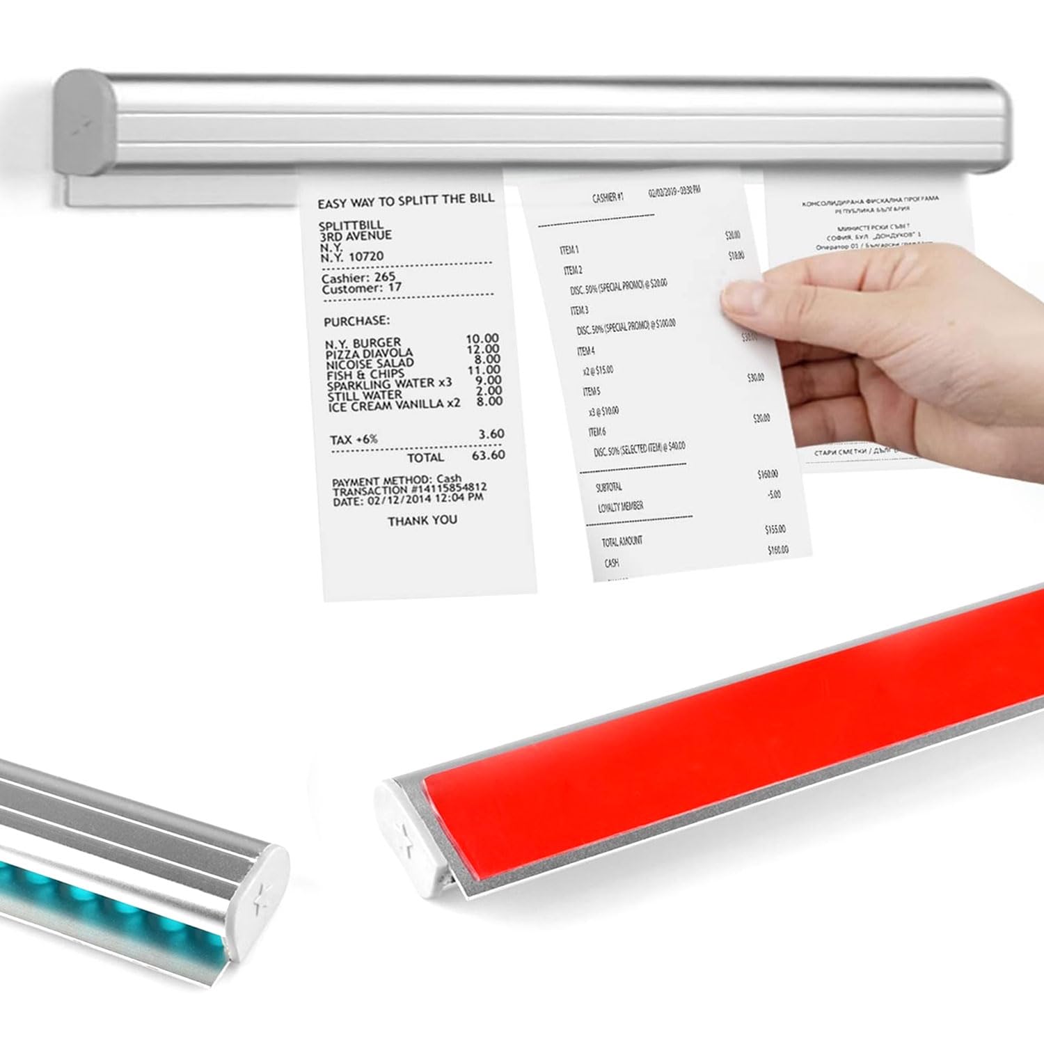 商品情報商品の説明オーダークリッパー イージークリッパー 30cm 円弧形 方形 粘着式 壁穴開け不要 簡単取り付け 伝票ホルダー 書類クリップ 帳票整理主な仕様 【滑らかな紙の出し入れ】特殊ビーズ内蔵クリップで、伝票やレシートをスムーズに挿入・抽出可能。薄い紙から厚めの伝票までしっかり固定でき、横滑りもスムーズ。厨房の高温多湿環境でも紙が破れたりズレたりしません。複数枚の重ね挟みにも対応し、オーダー管理がより効率化できます。【防水＆耐環境性能】防水・耐温設計で厨房の蒸気や油煙にも強い。無臭・耐腐蝕素材を使用し、食品衛生基準にも適合。超強力粘着ながら剥がすと跡形も残さず、様々な材質の表面に貼り替え可能。清潔な環境を保ちます。【高級アルミ仕様】航空グレードのアルミニウム合金を採用。1.表面は電解酸化処理で防汚コーティング、油汚れを簡単に拭き取れます。2.耐久性に優れ、長期間使用しても美観を維持。プロフェッショナルな厨房環境に最適です。【スペース効率化設計】30cmコンパクトサイズ（円弧形/方形選択可）で作業スペースを占有しません。伝票を重ねて整理できるため、厨房やカウンターの限られたスペースを有効活用。外注伝票管理が一目瞭然で、配膳ミスを大幅削減できます。【簡単設置＆多用途使用】強力粘着シート付属で壁に穴を開けずに簡単設置可能。厨房の高温多湿環境からオフィスのデスクワークまで幅広く対応し、請求書/領収書から業務伝票まであらゆる種類の書類をしっかり保持。TODOリストやメモ留め、書類整理から衛生管理ラベル貼り、外注伝票管理まで、多様な業務シーンで活躍します。