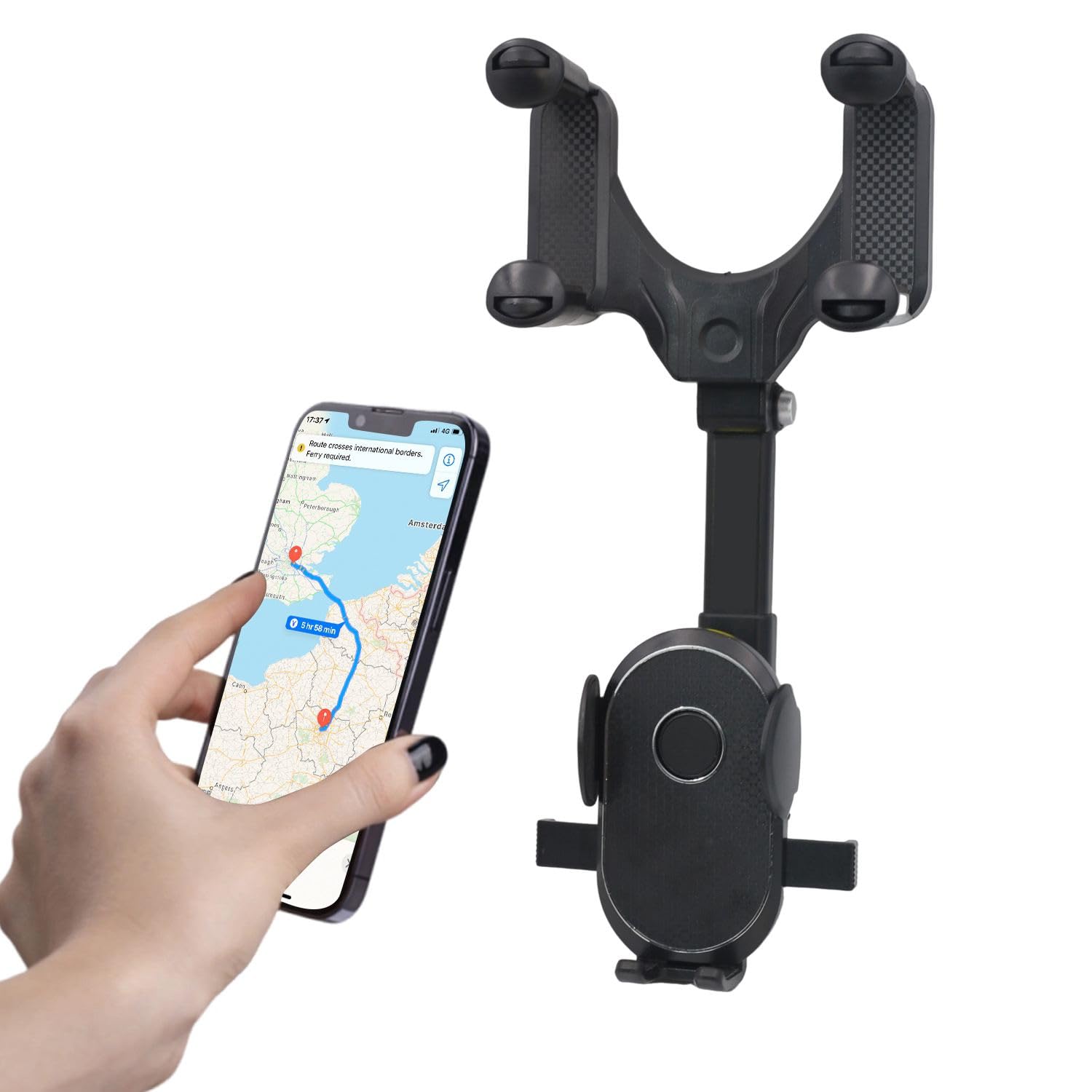 【送料無料】KKLM 携帯電話ホルダー バックミラー スマホホルダー 車載ホルダー 360度回転 ルームミラー取り付け型 各種スマホ対応 カー用品 取り付け簡単 車種問わず手帳型ケース対応 調節可能 滑り防止保護パッド付 スマホ対応 設置簡単 (1タイプ) 色：ブラック(2.0)