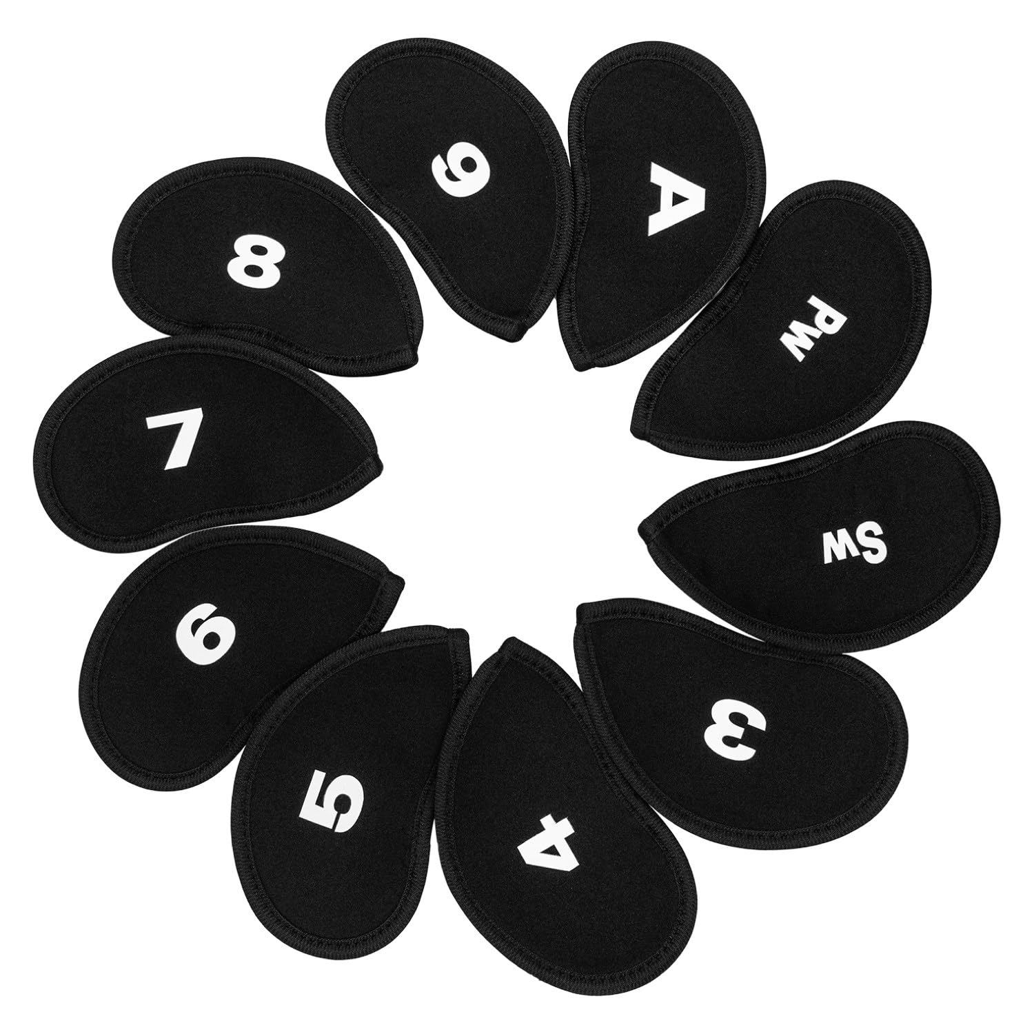 【送料無料】KKLM ゴルフアイアンカバー ゴルフ用アイアンカバーヘッドカバー 10枚セット 番号付き 保護カバー 黒色 （3~9、A、Pw、Sw） 色：色の参考画像、サイズ：標準サイズ