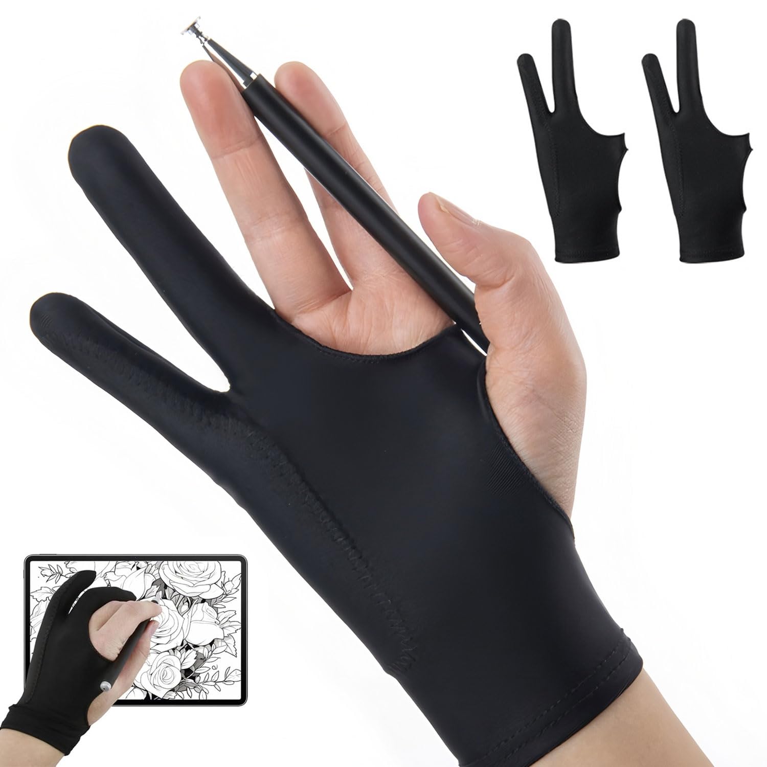 【送料無料】製図用手袋 二本指 絵描き 2枚入 ブラック 3層構造 防汚強化 ペンタブレット用 滑り止め 吸汗速乾 左利き右利き対応 絵画 製図作業 初心者-プロ仕様 色：S