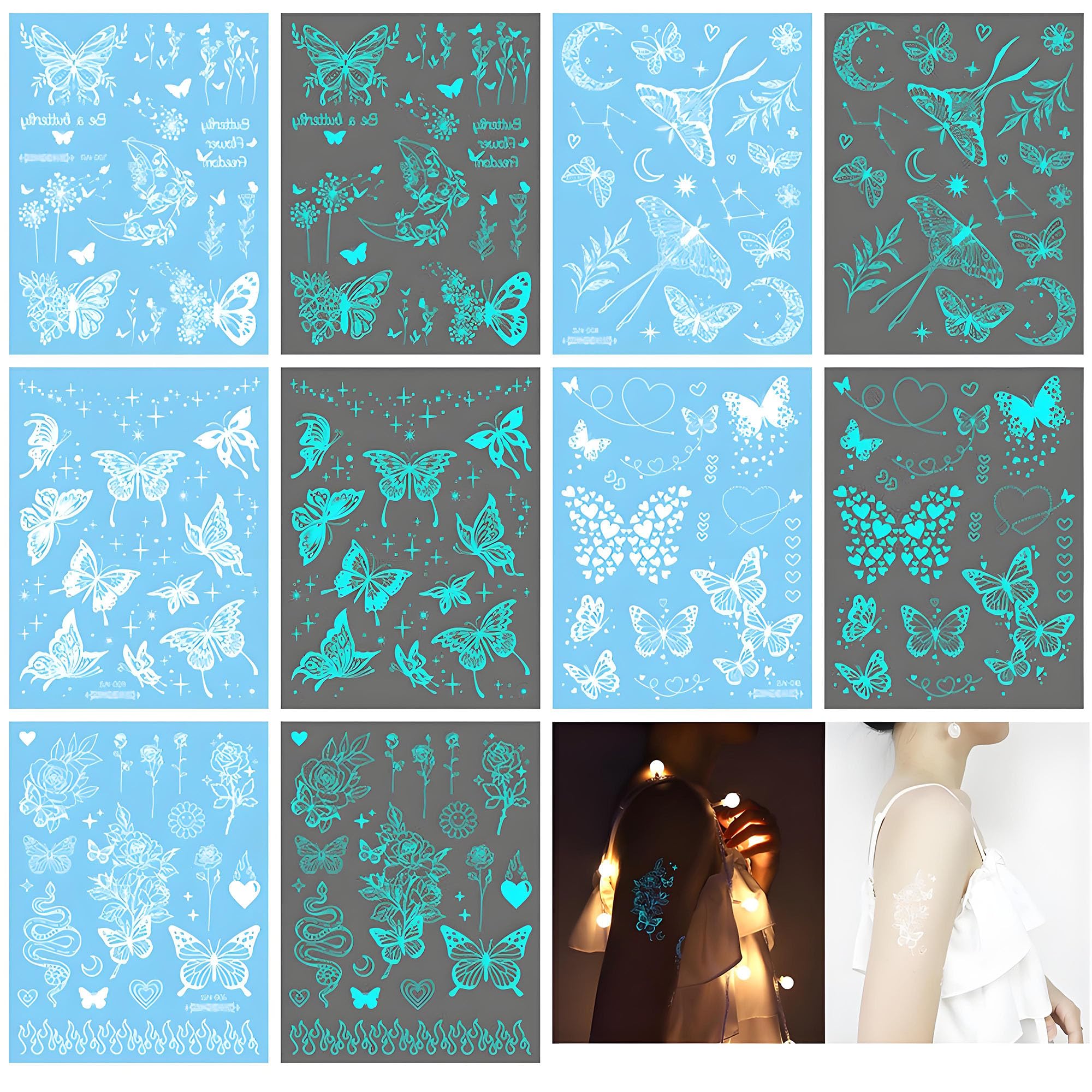 【送料無料】FACETHALO タトゥーシール 5枚セット 青色夜光タトゥーステッカー 花・蝶々・星月夜・ジオメトリなど多デザイン パーティ フェス向き 使い捨て体験用タトゥー 色：ホワイト JSN006~JSN010