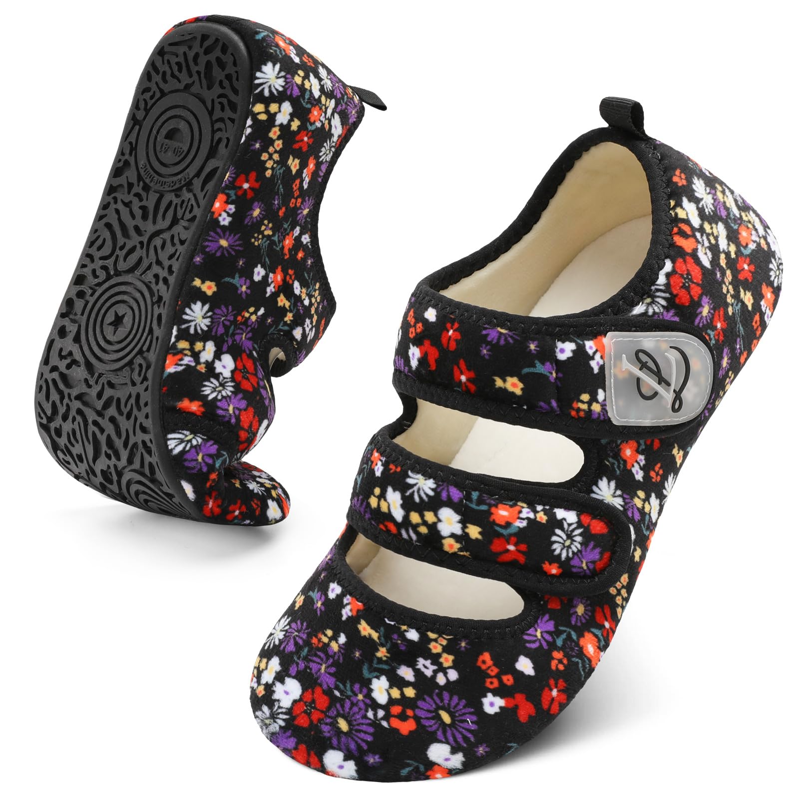【送料無料】[Scurtain] リハビリシューズ 女性用 介護シューズ レディース 高齢者 靴 医療用サンダル 室内履き マジックテープ 上履き 幅広 理学療法士推薦 介護靴 色：黒い花、サイズ：26.0 cm