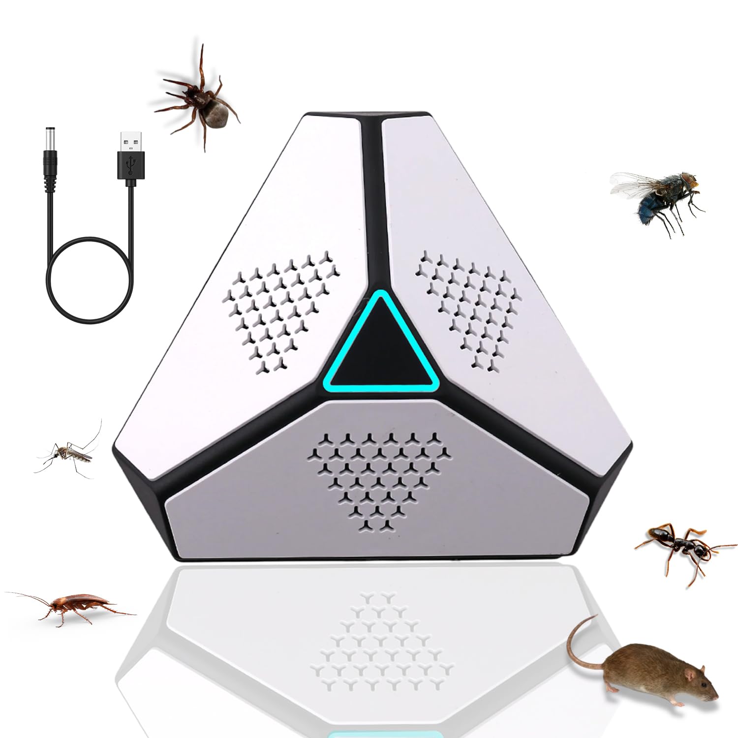 【送料無料】EvoAce ネズミ 駆除 超音波【業界新開発・害虫対策器】強力 ゴキブリ駆除 ねずみ駆除 360度死角がない虫除け・有効範囲400平米 害虫防除 静音 無毒無臭 省エネ 電磁波 LEDフラッシュライト 動物撃退器 子供やペットに安心 天井 色：白黒、サイズ：三角デザイン