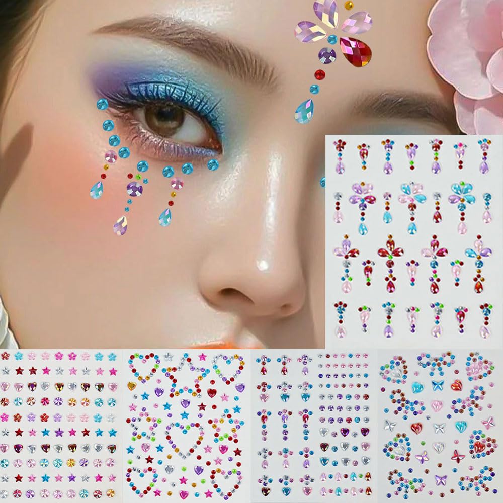 【送料無料】5枚セット 顔 シール ラインストーン シール フェイス キラキラ 顔面デコ メイク 貼り付け可能 デコパーツ 携帯電話装飾 ネイルデコパーツ 祝日の贈り物 DIY用品 手芸用品 色：クリア