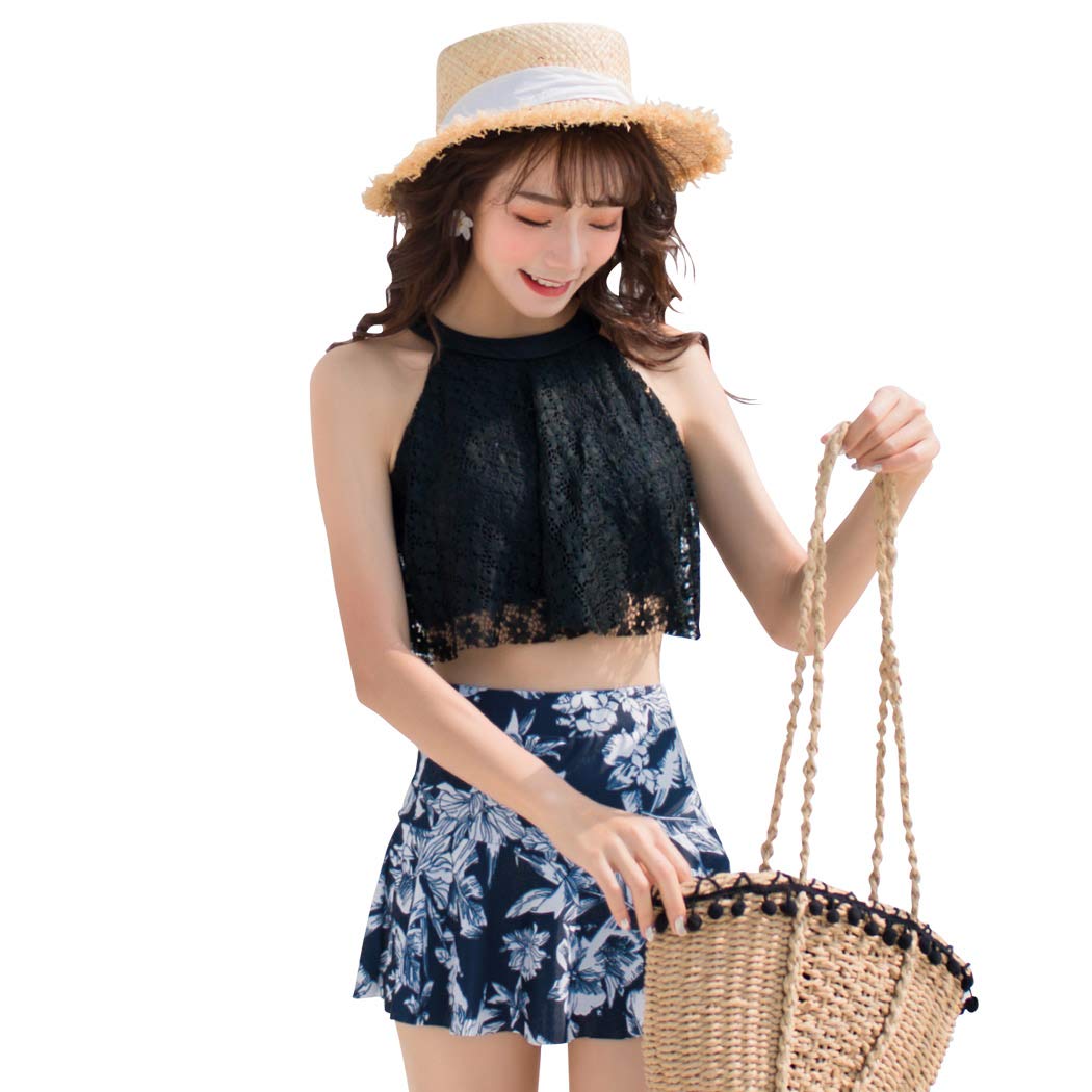 【送料無料】 水着 レディース ハイネック ビキニ 体型カバー スカート 2点セット レース 無地 モノト..