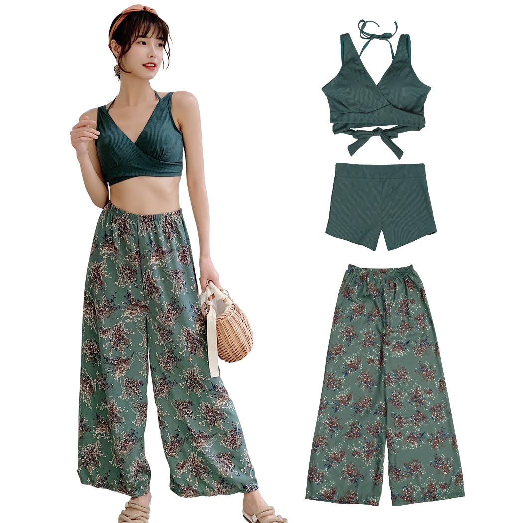 【送料無料】 水着 レディース 体型カバー タンキニ Vネック ビキニ ワイドパンツ 3点セット hys2318 色：グリーン×フラワー、サイズ：L
