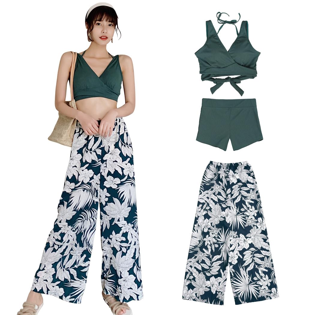 【送料無料】 水着 レディース 体型カバー タンキニ Vネック ビキニ ワイドパンツ 3点セット hys2318 色：グリーン×リーフ、サイズ：XL