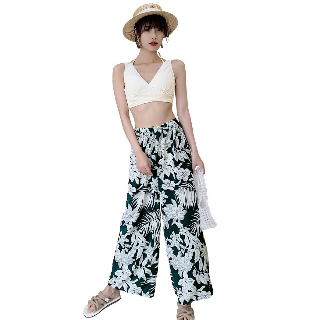 【送料無料】 水着 レディース 体型カバー タンキニ Vネック ビキニ ワイドパンツ 3点セット hys2318 色：ホワイト×リーフ、サイズ：M