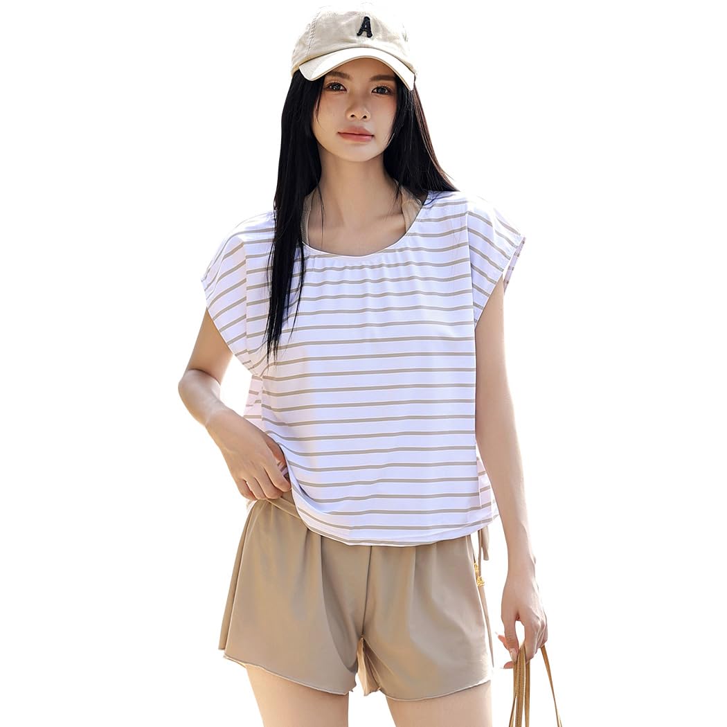 【送料無料】 水着 レディース 体型カバー タンキニ 4点セット 大人 ビキニ タンクトップ ショートパンツ Tシャツ ラッシュガード ママ水着 hys1618 色：ボーダー×ベージュ、サイズ：S(7号)