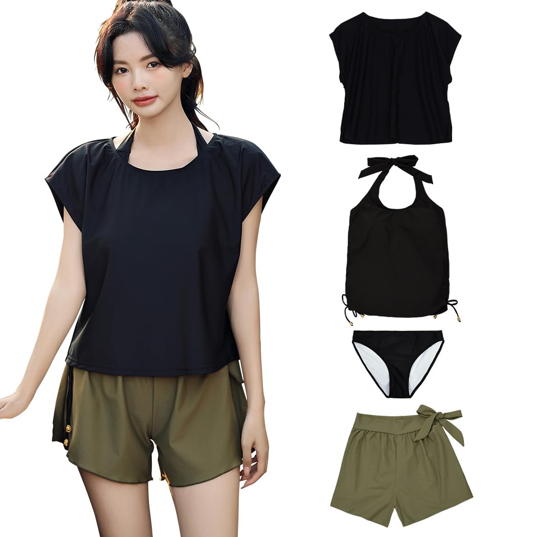 【送料無料】 水着 レディース 体型カバー タンキニ 4点セット 大人 ビキニ タンクトップ ショートパンツ Tシャツ ラッシュガード ママ水着 hys1618 色：ブラック/カーキ、サイズ：S(7号)
