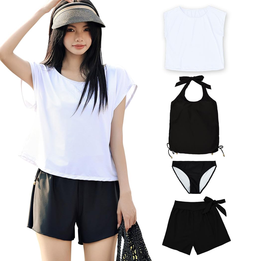 【送料無料】 水着 レディース 体型カバー タンキニ 4点セット 大人 ビキニ タンクトップ ショートパンツ Tシャツ ラッシュガード ママ水着 hys1618 色：ホワイト/ブラック、サイズ：S(7号)