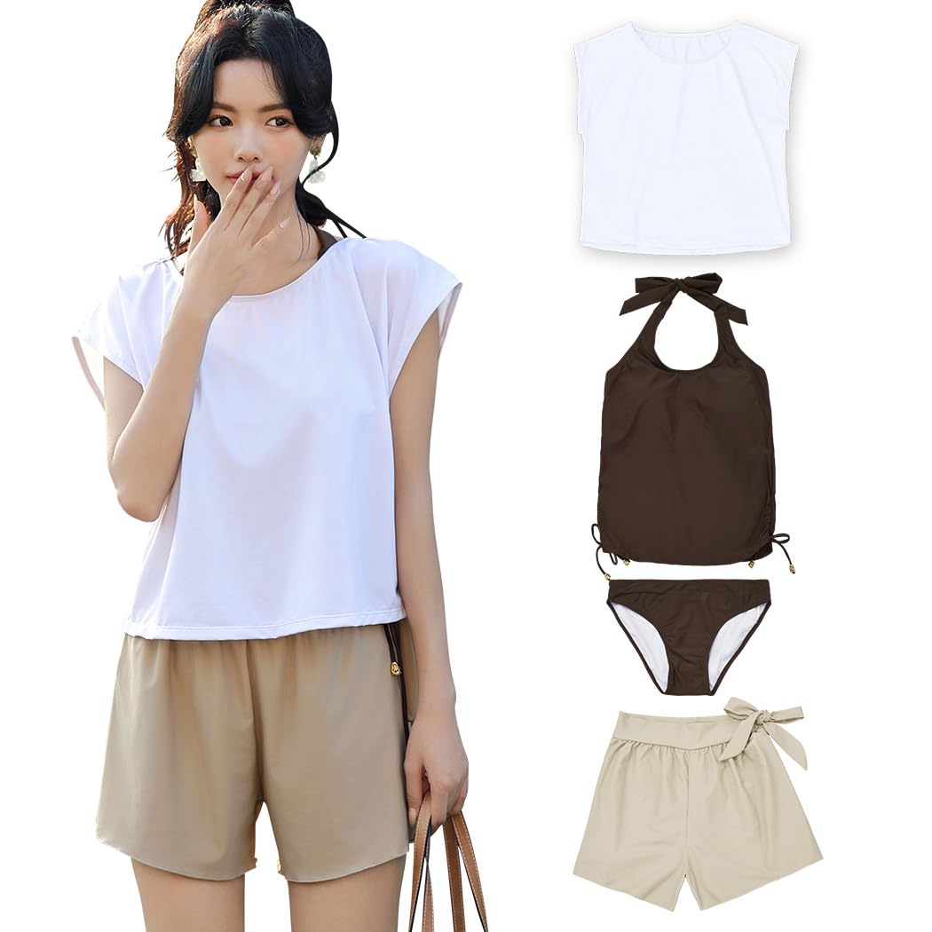 【送料無料】 水着 レディース 体型カバー タンキニ 4点セット 大人 ビキニ タンクトップ ショートパンツ Tシャツ ラッシュガード ママ水着 hys1618 色：ホワイト/ベージュ、サイズ：S