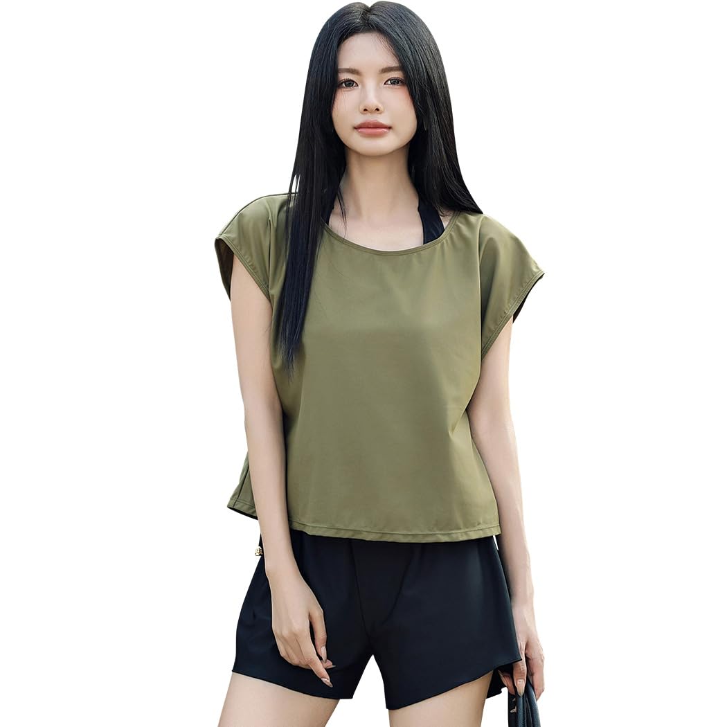 【送料無料】 水着 レディース 体型カバー タンキニ 4点セット 大人 ビキニ タンクトップ ショートパンツ Tシャツ ラッシュガード ママ水着 hys1618 色：カーキ/ブラック、サイズ：L(11号)