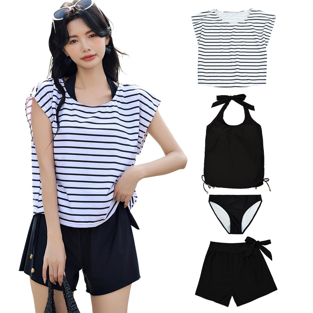 【送料無料】 水着 レディース 体型カバー タンキニ 4点セット 大人 ビキニ タンクトップ ショートパンツ Tシャツ ラッシュガード ママ水着 hys1618 色：ボーダー×ブラック、サイズ：S(7号)