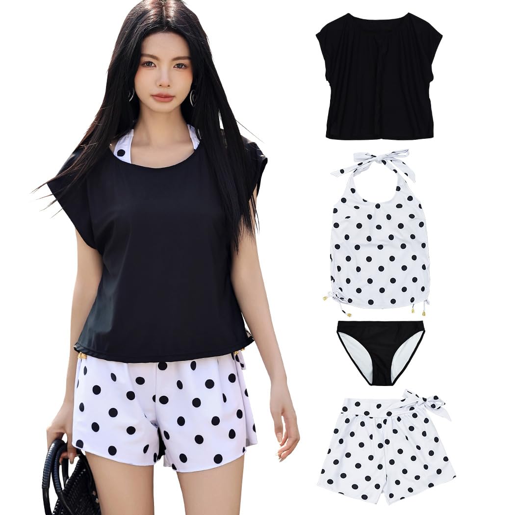 【送料無料】 水着 レディース 体型カバー タンキニ 4点セット 大人 ビキニ タンクトップ ショートパンツ Tシャツ ラッシュガード ママ水着 hys1618 色：ブラック/ドット、サイズ：XL(13号)