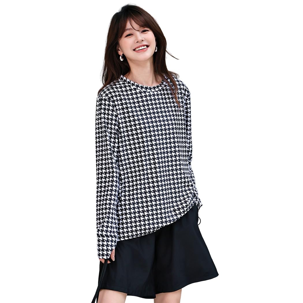 【送料無料】 タンキニ水着 レディース 体型カバー 長袖シャツ ラッシュガード ハーフパンツ 4点セットビキニ hys2861 色：千鳥格子×ブラック、サイズ：L