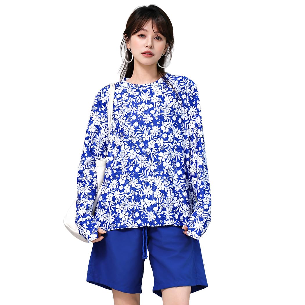 【送料無料】 タンキニ水着 レディース 体型カバー 長袖シャツ ラッシュガード ハーフパンツ 4点セットビキニ hys2861 色：フラワー×ブルー、サイズ：S