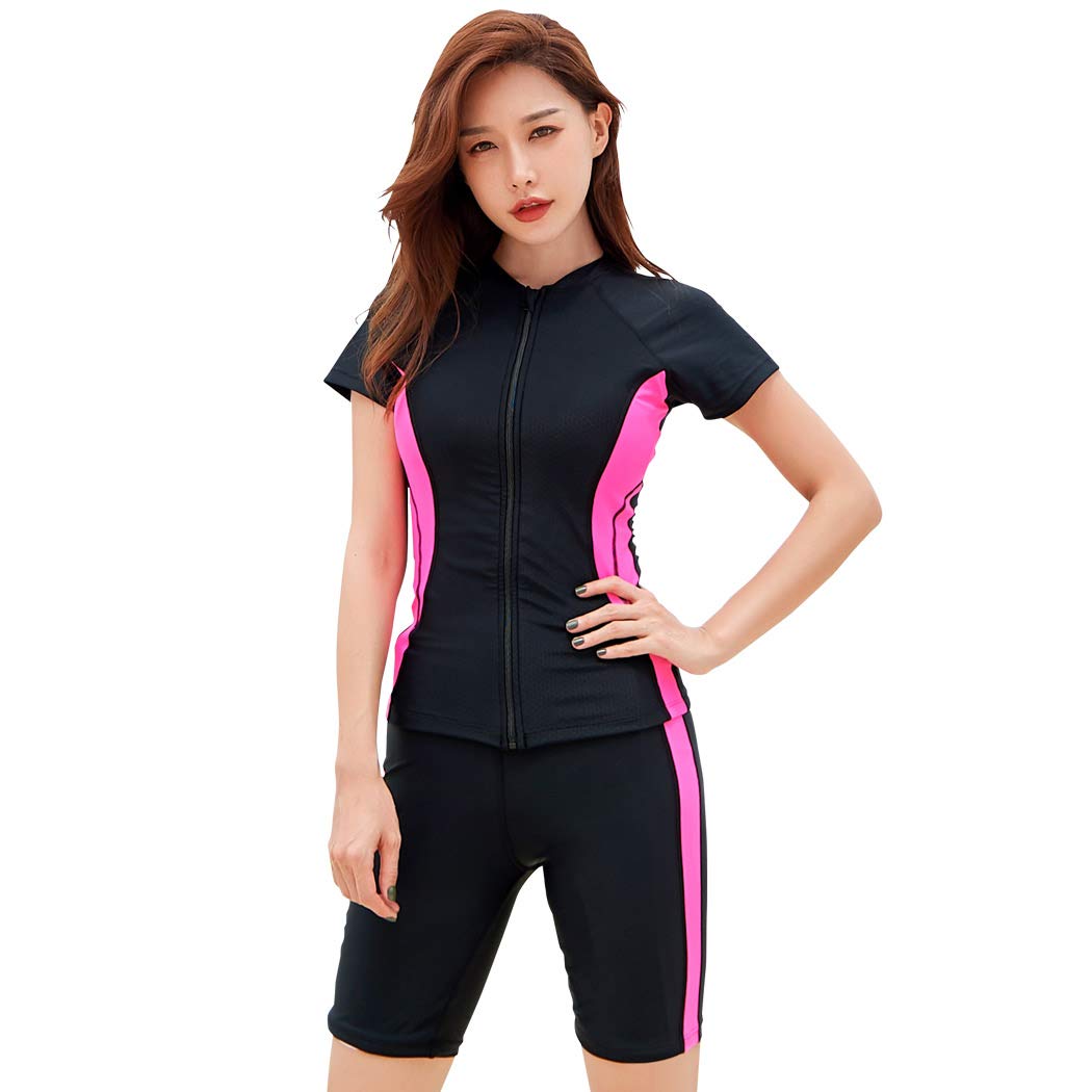 【送料無料】 フィットネス 水着 レディース セパレート 半袖ラッシュガード 水泳帽子 3点セット hys2401-C 色：C：ピンク、サイズ：4L