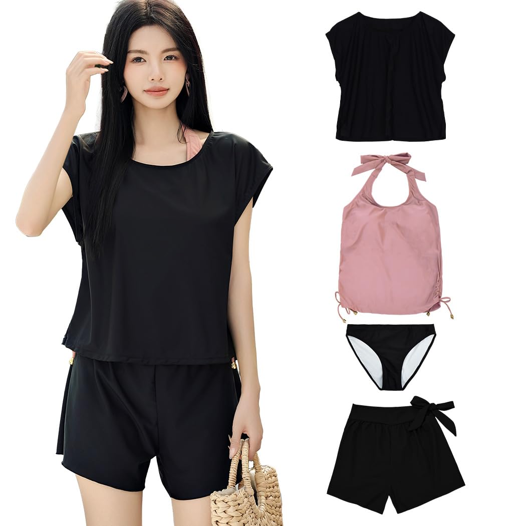 【送料無料】 水着 レディース 体型カバー タンキニ 4点セット 大人 ビキニ タンクトップ ショートパンツ Tシャツ ラッシュガード ママ水着 hys1618 色：ブラック/ピンク、サイズ：2XL(15号)