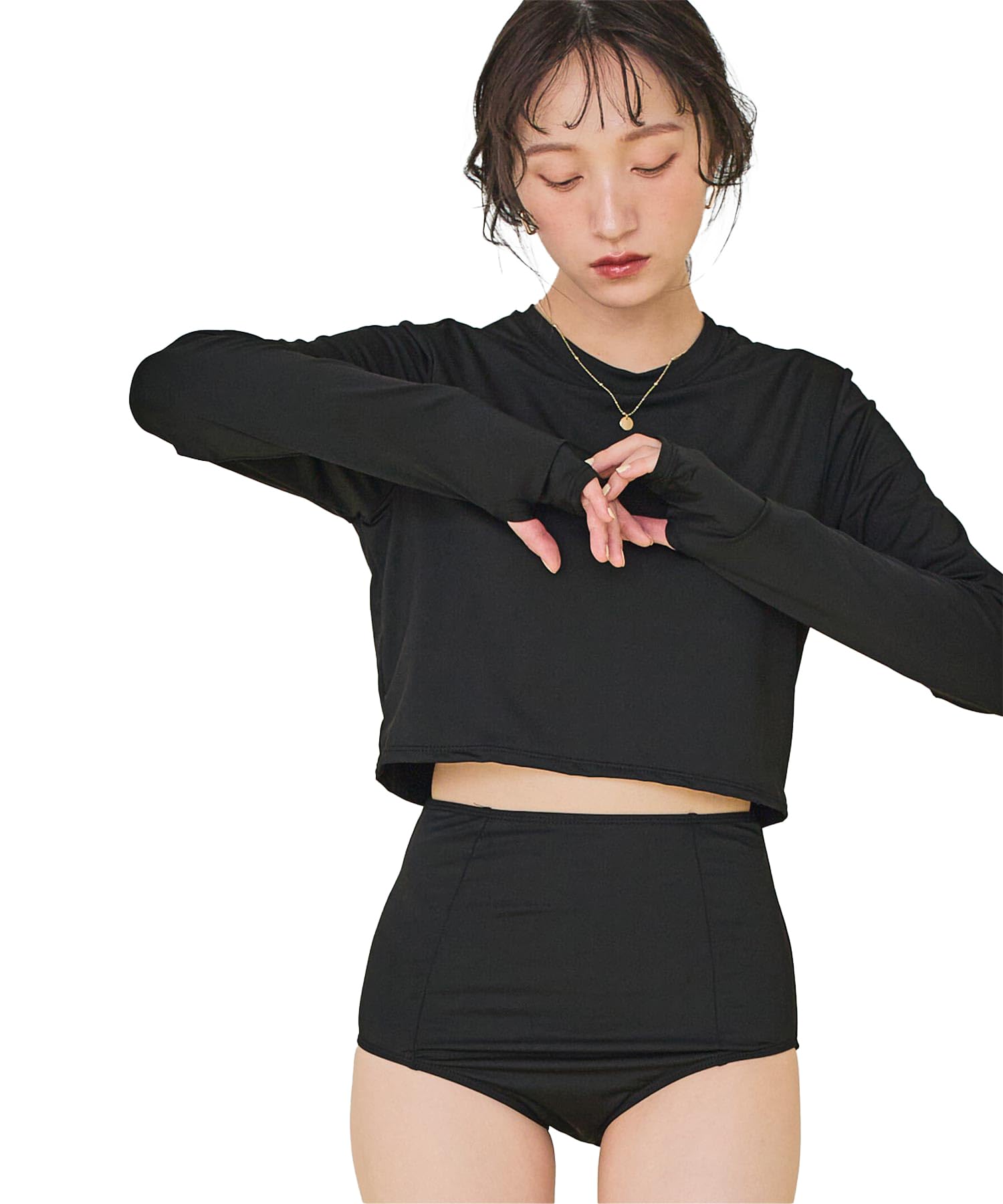 【送料無料】 3点セット ショートパンツ×カップ付 長袖 ビキニ 水着 DFXM0619 レディース 色：ブラック、サイズ：LL