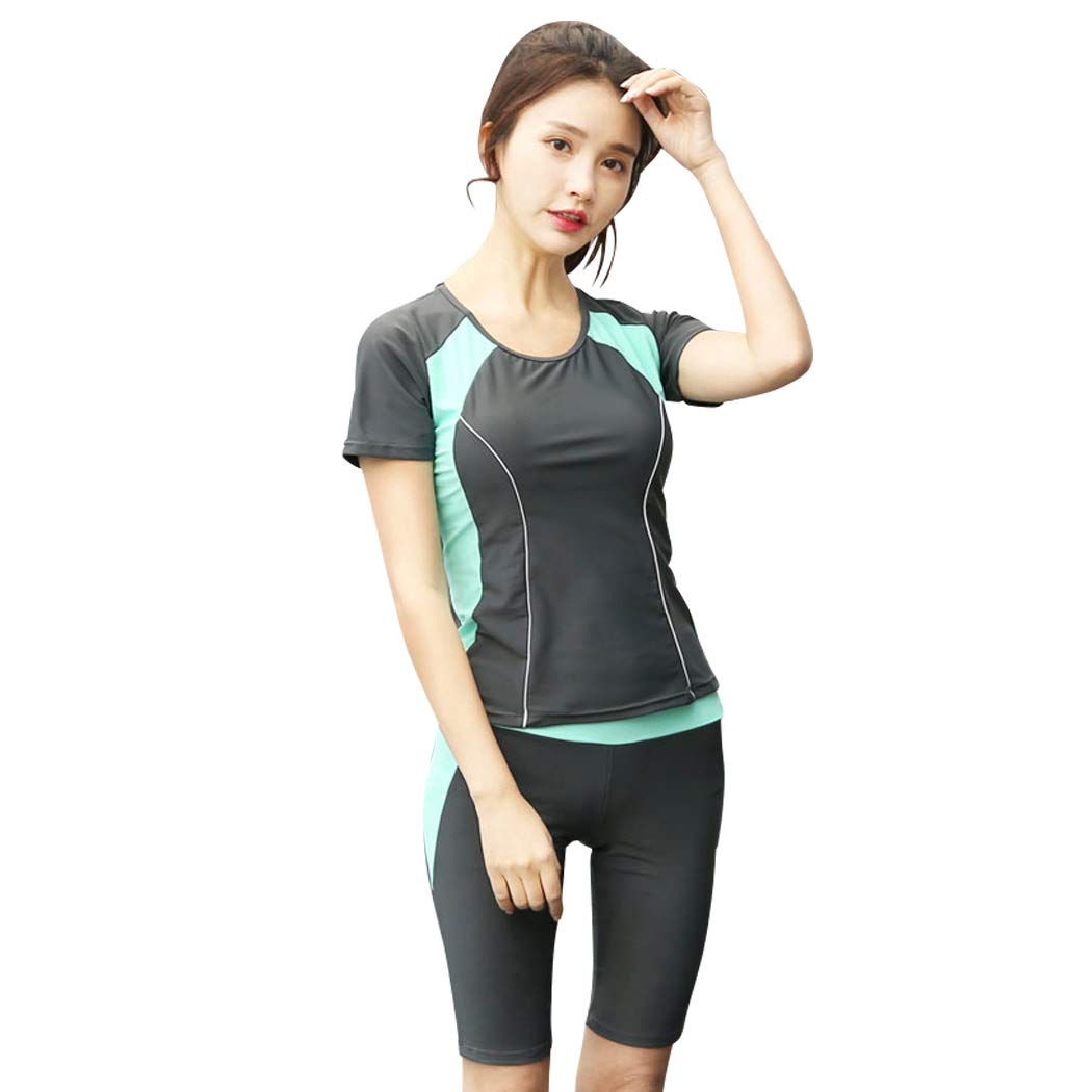 【送料無料】 フィットネス 水着 レディース セパレート 体型カバー 半袖 スパッツ 2点セット 日焼け対策 女性用スポーツ水着 hys1787-B 色：B：グリーン、サイズ：4XL