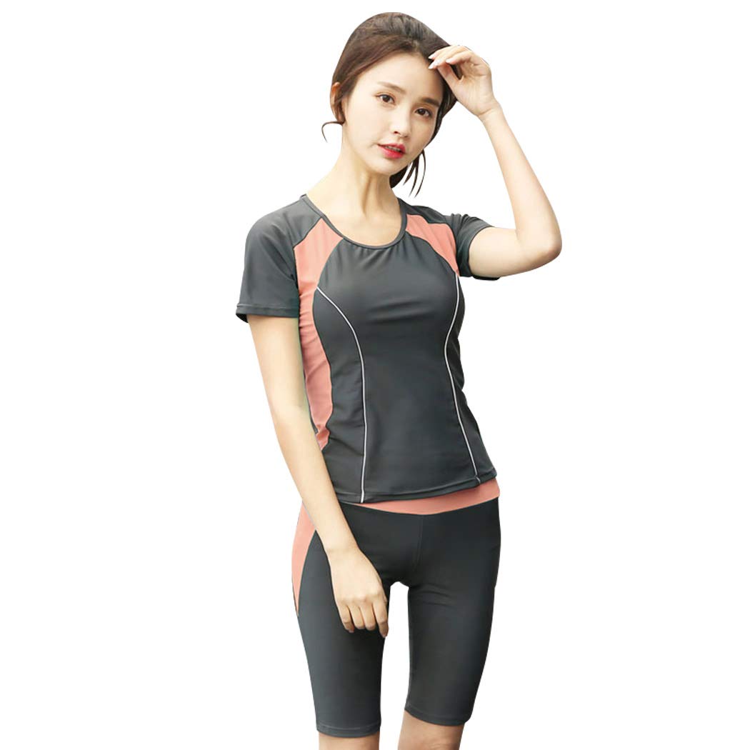 【送料無料】 フィットネス 水着 レディース セパレート 体型カバー 半袖 スパッツ 2点セット 日焼け対策 女性用スポーツ水着 hys1787-B 色：B：ピンク、サイズ：L