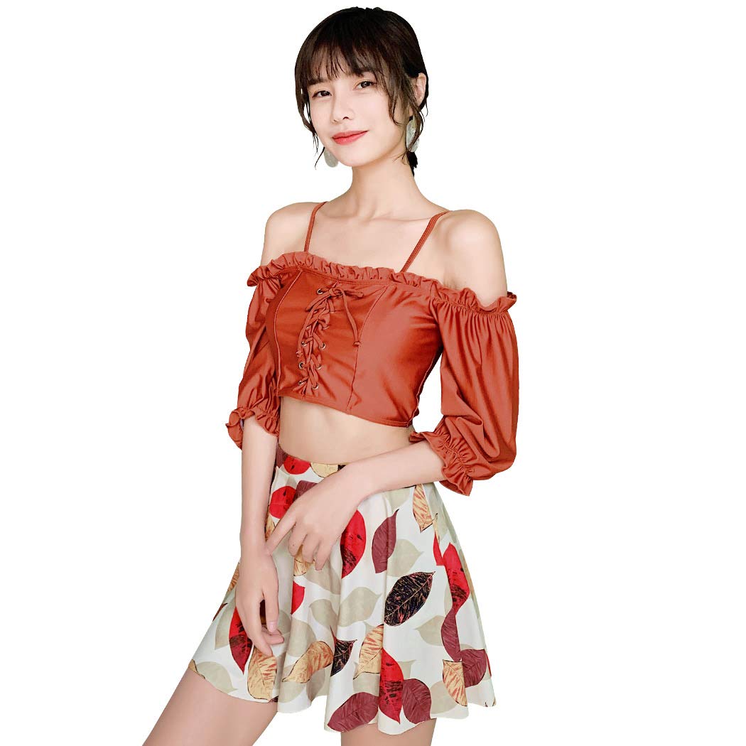 【送料無料】 水着 レディース オフショルダー フリル レースアップ ビキニ スカート 短パン 3点セット hys2198 色：テラコッタ×リーフ、サイズ：2L