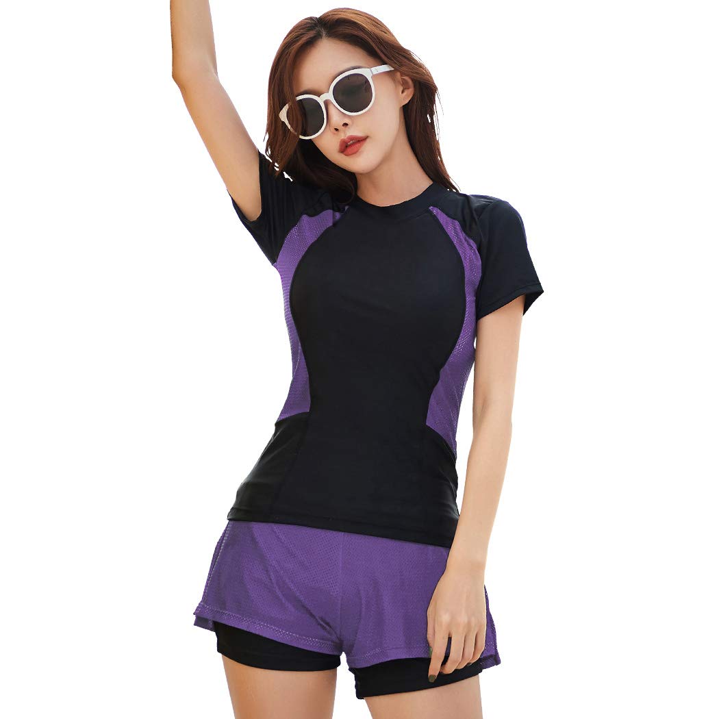 【送料無料】 フィットネス水着 レディース セパレート 体型カバー 半袖ラッシュガード 水泳帽子 3点セット hys2404 色：パープル、サイズ：S
