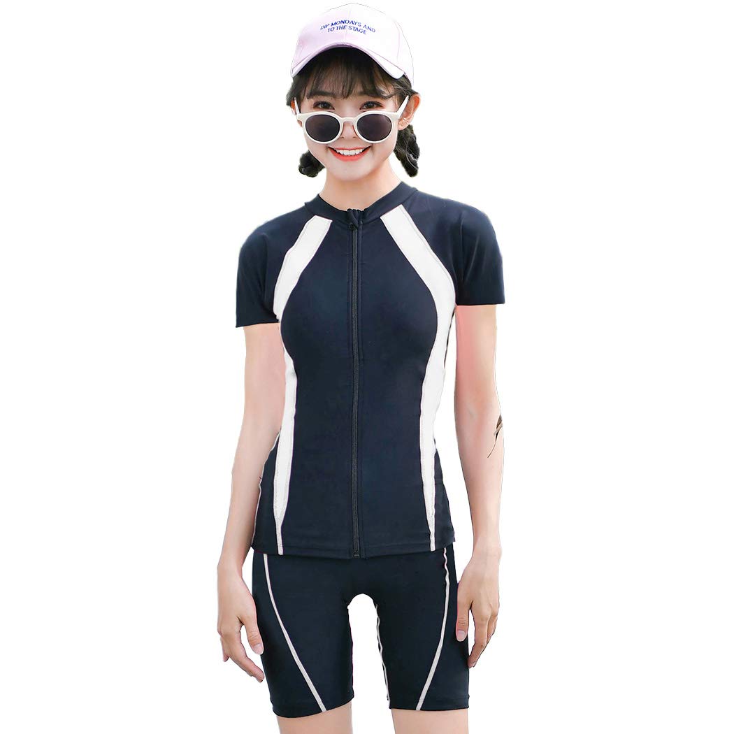 【送料無料】 フィットネス 水着 レディース セパレート 体型カバー 半袖ラッシュガード 水泳帽子 3点セット 露出控えめ hys2440 色：ホワイト、サイズ：S