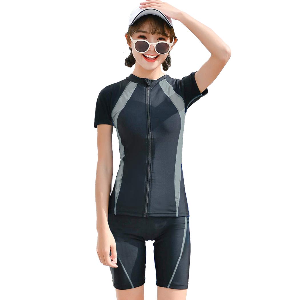 【送料無料】 フィットネス 水着 レディース セパレート 体型カバー 半袖ラッシュガード 水泳帽子 3点セット 露出控えめ hys2440 色：ブラック、サイズ：S
