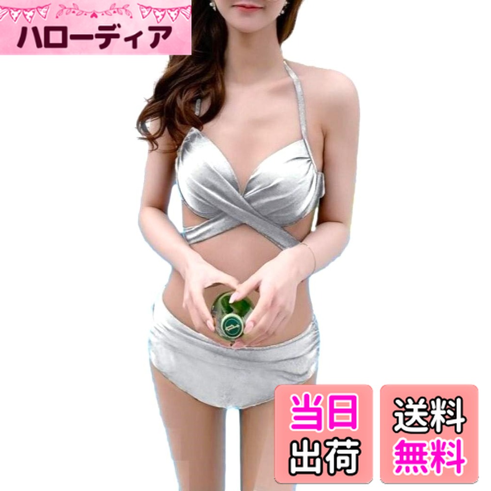 【送料無料】 CD7 イレネ ビキニ セット 水着 ホルターネック クロス カシュクール スイムドレス ハイウエスト パッド入り ワイヤーあり レディース 色：シルバー、サイズ：M