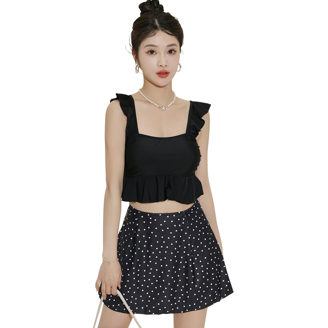 【送料無料】 水着 レディース ビスチェ ビキニ 体型カバー 3点セット ショルダーフリル 露出控えめ hys3160 色：ブラック、サイズ：L