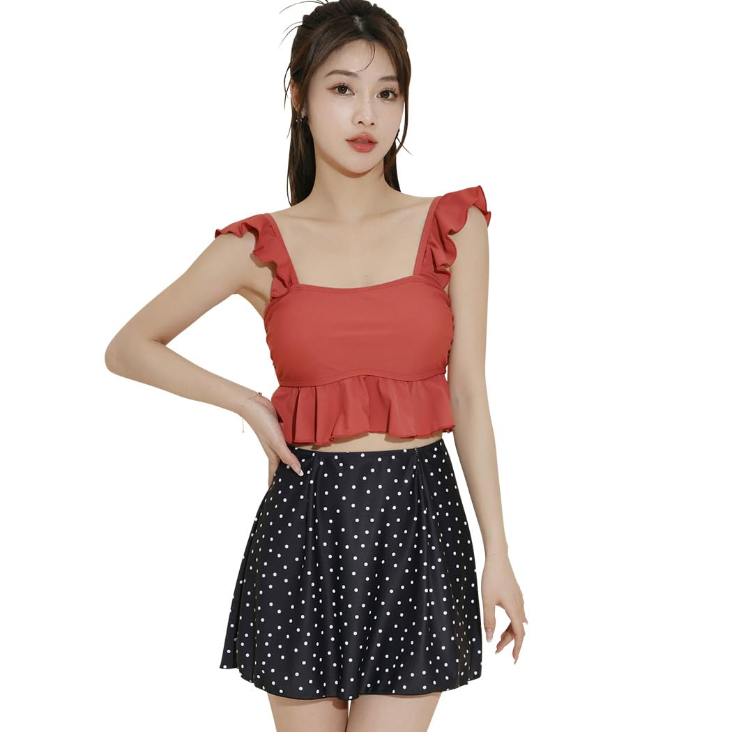 【送料無料】 水着 レディース ビスチェ ビキニ 体型カバー 3点セット ショルダーフリル 露出控えめ hys3160 色：テラコッタ×ブラック、サイズ：S