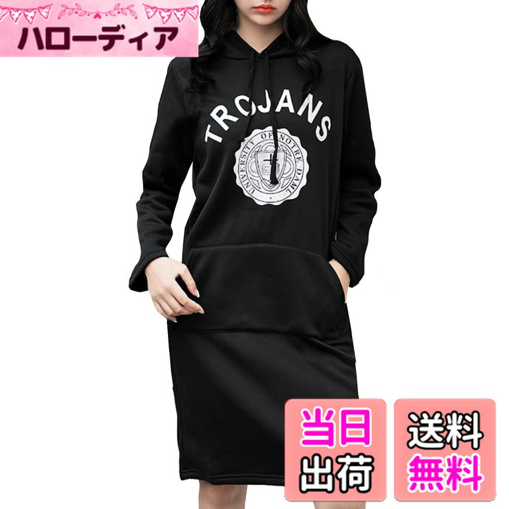 【送料無料】 ［サンカク］ 3カラー スウェット ワンピース パーカー ロング レディース マタニティー フーディー プリント 春 秋 S~3XL 色：ブラック、サイズ：L