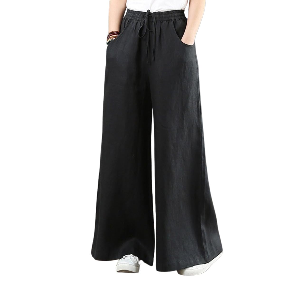 【送料無料】 ［サンカク］レディース ロング ワイドパンツ ストレート リネン 綿麻 ウエストゴム キュ..