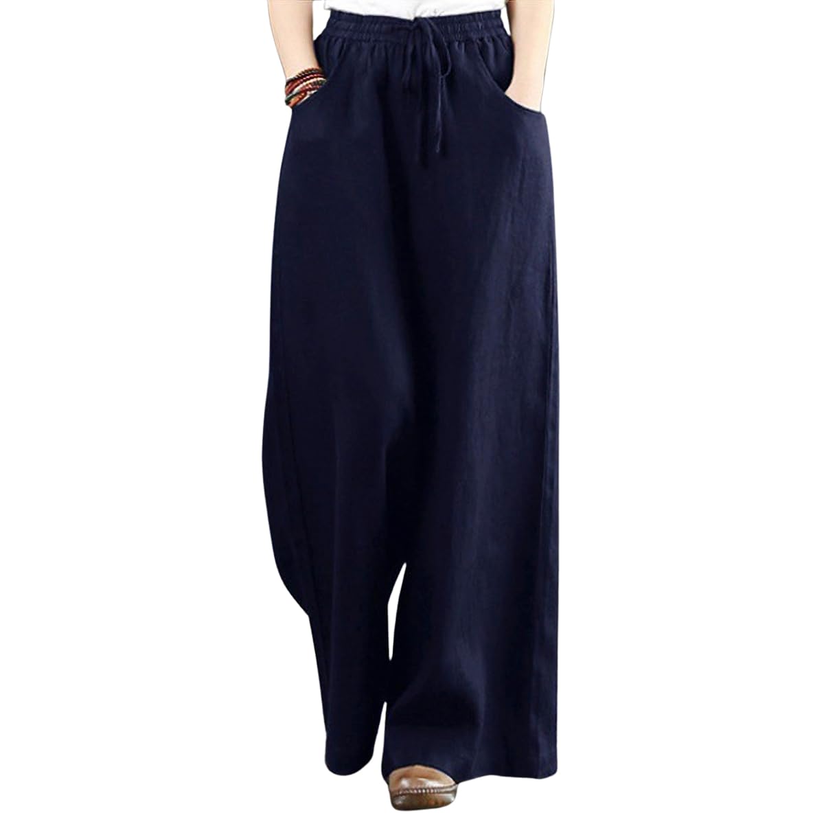 【送料無料】 ［サンカク］レディース ロング ワイドパンツ ストレート リネン 綿麻 ウエストゴム キュ..